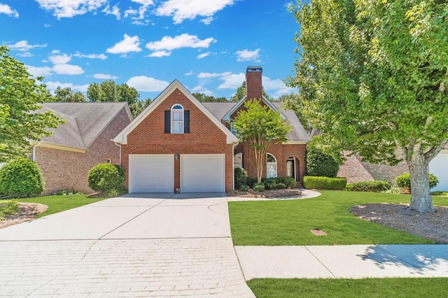 980 Windsor Place Cir, Grayson, GA 30017 - traditional-style house with brick siding, an attached garage, driveway, a chimney, and a front yard