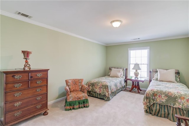 carpeted bedroom featuring crown molding