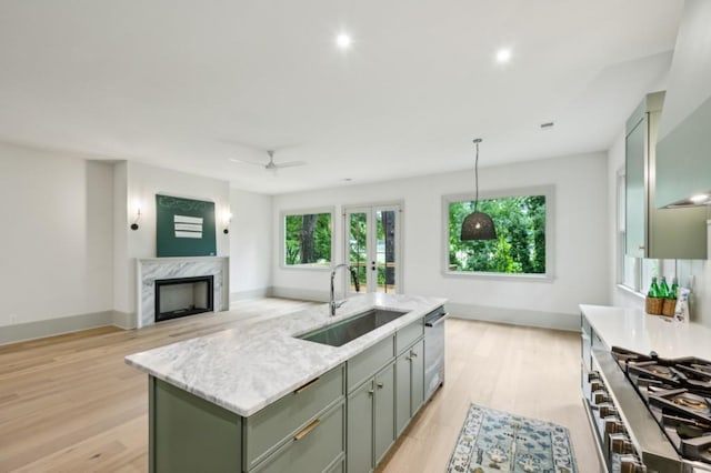 2760 Fraser St SE, Smyrna, GA 30080 - kitchen featuring a sink, green cabinetry, a premium fireplace, stove, and stainless steel dishwasher