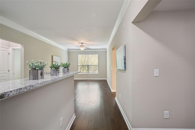 hall featuring dark hardwood / wood-style floors and ornamental molding