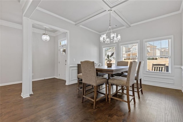 dining area featuring coffered ceiling, a healthy amount of sunlight, dark wood-style flooring, and an inviting chandelier