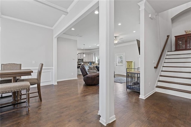 dining area featuring a ceiling fan, dark wood-type flooring, recessed lighting, and crown molding