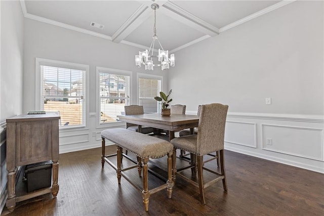 dining area featuring visible vents, coffered ceiling, dark wood-style floors, and a decorative wall