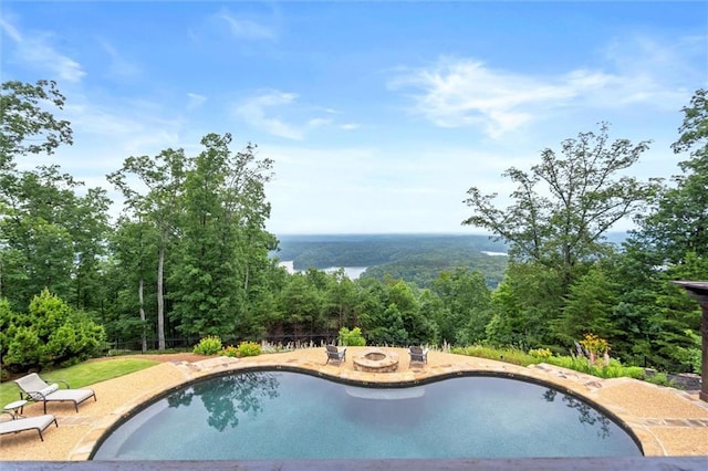 49 Waterside Dr SE, Cartersville, GA 30121 - outdoor pool with a fire pit, a patio area, and a forest view