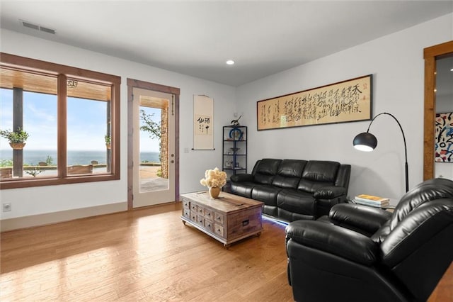 49 Waterside Dr SE, Cartersville, GA 30121 - living room with light wood-type flooring, recessed lighting, and a water view