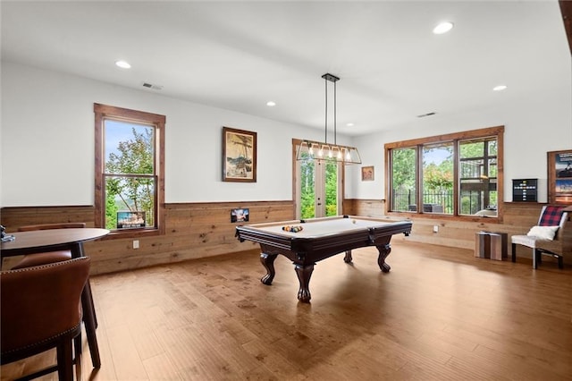49 Waterside Dr SE, Cartersville, GA 30121 - recreation room featuring a wainscoted wall, recessed lighting, wood walls, billiards table, and wood finished floors