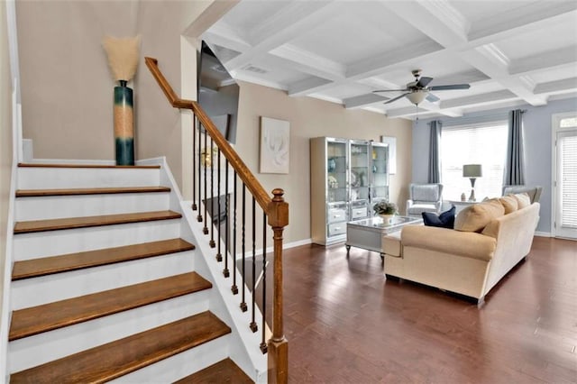 living room with coffered ceiling, ceiling fan, beam ceiling, and dark hardwood / wood-style flooring