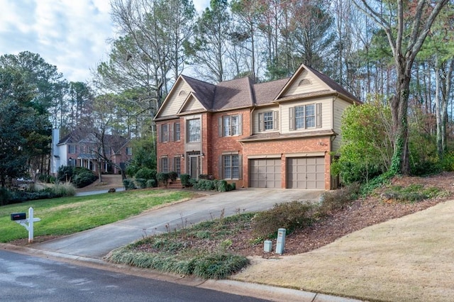 view of front of house featuring concrete driveway, an attached garage, brick siding, and a front lawn