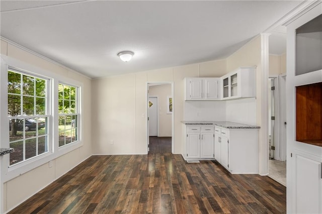 kitchen with white cabinets, light stone counters, and dark wood-type flooring