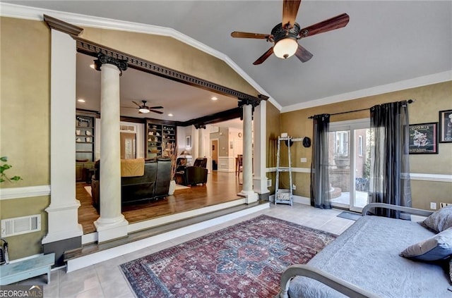 bedroom featuring lofted ceiling, visible vents, ornamental molding, decorative columns, and tile patterned floors