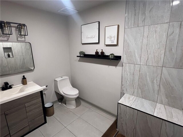 bathroom featuring visible vents, walk in shower, toilet, tile patterned floors, and vanity
