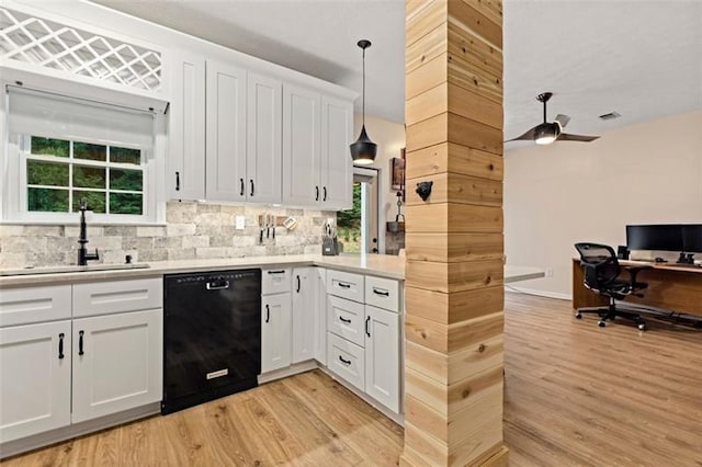 kitchen with dishwasher, white cabinets, ceiling fan, pendant lighting, and sink