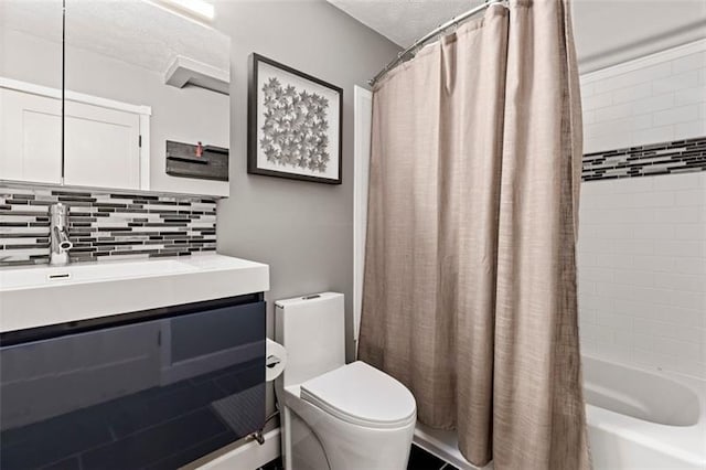 full bathroom featuring toilet, shower / bathtub combination with curtain, tasteful backsplash, and vanity