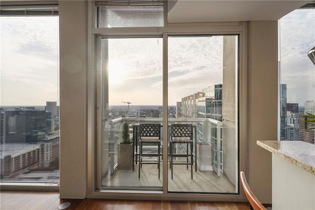 doorway with a wealth of natural light, expansive windows, a view of city, and wood finished floors