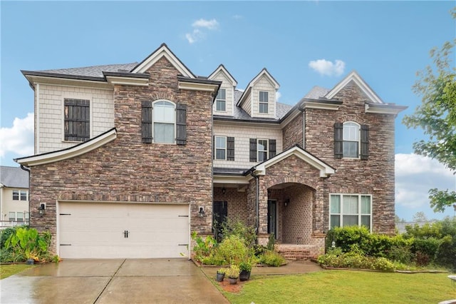 view of front of property featuring a front yard, a garage, and driveway