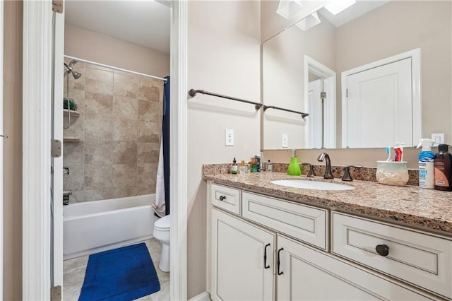 bathroom with shower / tub combo, toilet, vanity, and tile patterned flooring