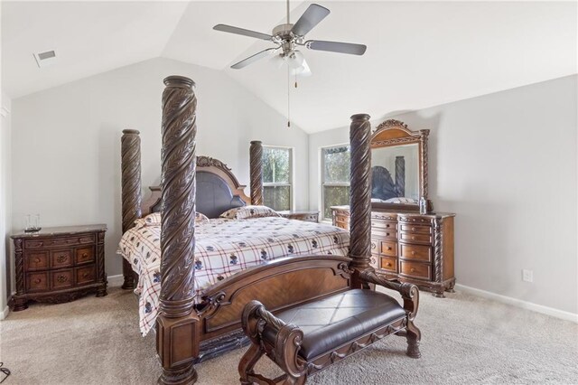 bedroom with ceiling fan, carpet, and vaulted ceiling