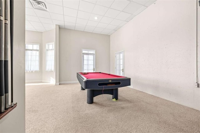 recreation room featuring pool table, carpet flooring, visible vents, and a paneled ceiling