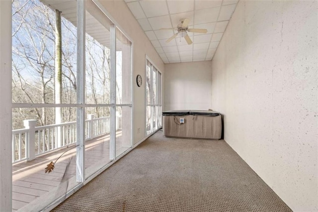 unfurnished sunroom with a paneled ceiling, ceiling fan, and a healthy amount of sunlight