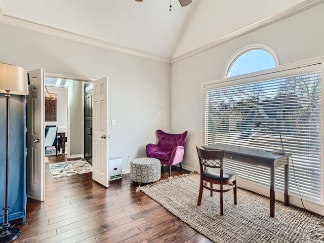 office featuring ceiling fan, dark hardwood / wood-style flooring, ornamental molding, and high vaulted ceiling