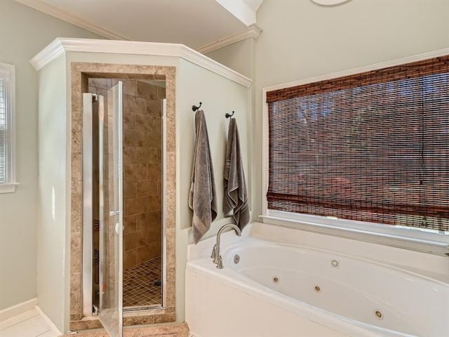 bathroom featuring shower with separate bathtub, tile patterned floors, and crown molding