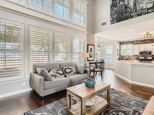 living room with dark hardwood / wood-style floors, a towering ceiling, and sink