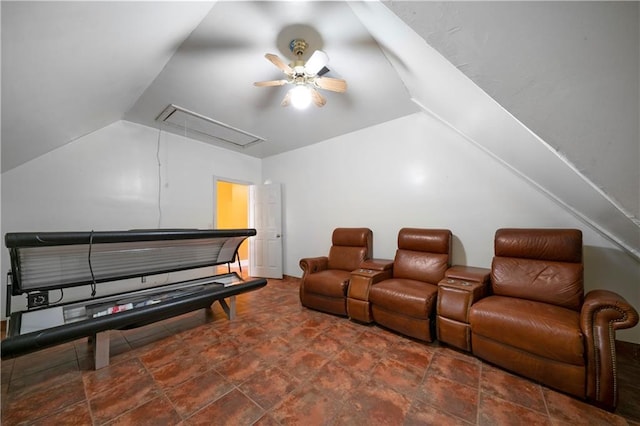 790 Friendship Church Rd, Douglasville, GA 30134 - cinema featuring ceiling fan, vaulted ceiling, and stone finish floors
