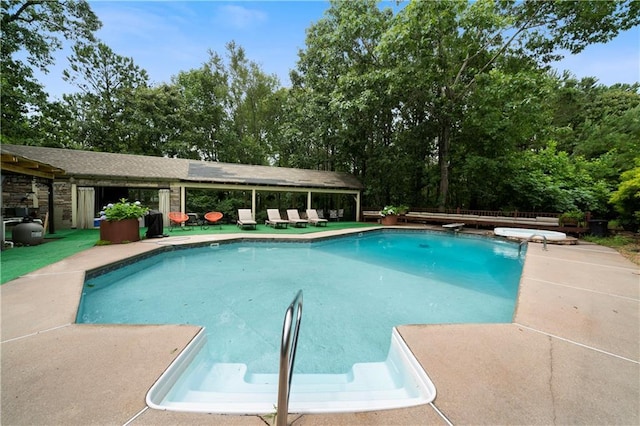 790 Friendship Church Rd, Douglasville, GA 30134 - outdoor pool with a diving board, a patio, and view of wooded area