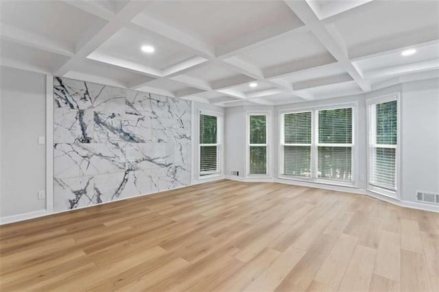 unfurnished room with visible vents, an accent wall, light wood-type flooring, recessed lighting, and coffered ceiling