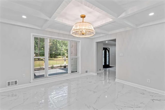 unfurnished room featuring visible vents, baseboards, coffered ceiling, and marble finish floor