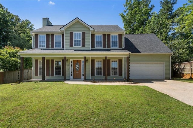 4901 Wilkie Way NW, Acworth, GA 30102 - colonial house featuring concrete driveway, a chimney, an attached garage, covered porch, and a shingled roof
