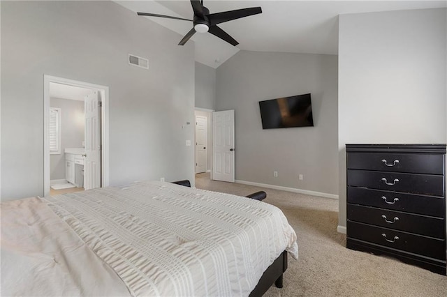 4901 Wilkie Way NW, Acworth, GA 30102 - bedroom featuring high vaulted ceiling, carpet, ensuite bath, and ceiling fan