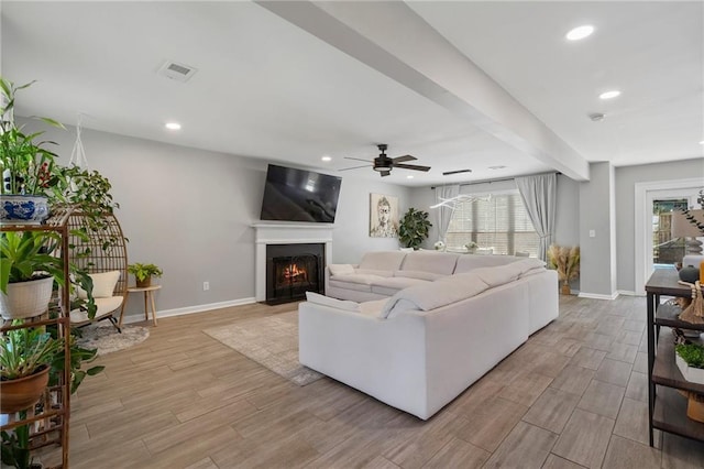 4901 Wilkie Way NW, Acworth, GA 30102 - living area with a ceiling fan, healthy amount of natural light, light wood-type flooring, recessed lighting, and a fireplace with flush hearth
