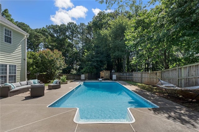 4901 Wilkie Way NW, Acworth, GA 30102 - view of swimming pool with an outdoor hangout area, a patio, a shed, and a fenced backyard