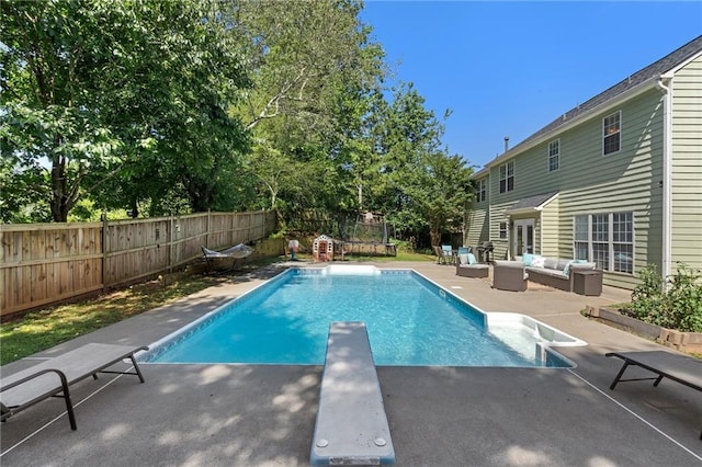 4901 Wilkie Way NW, Acworth, GA 30102 - view of swimming pool with outdoor lounge area, a fenced backyard, a diving board, and a patio area