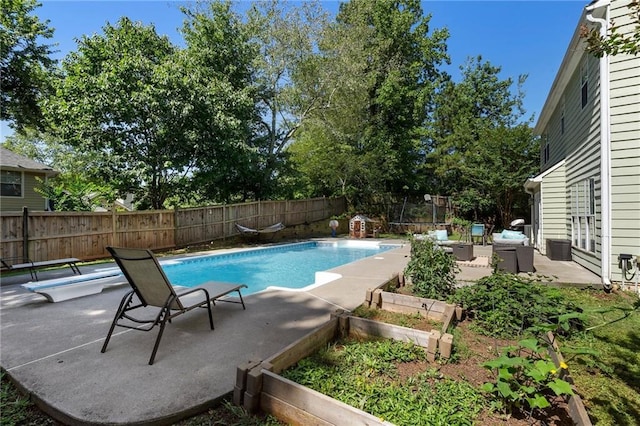 4901 Wilkie Way NW, Acworth, GA 30102 - view of pool featuring a patio, a vegetable garden, a fenced backyard, and a trampoline