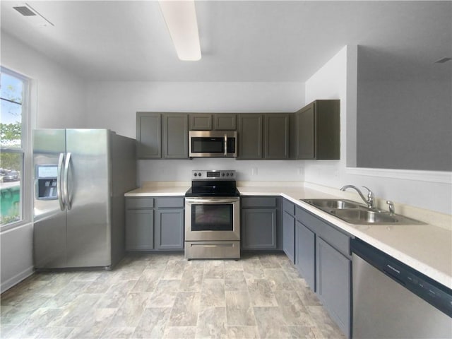 kitchen featuring stainless steel appliances, sink, and gray cabinets