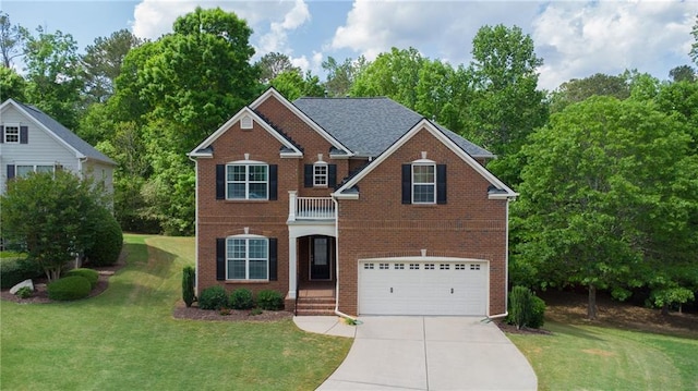 view of front facade with brick siding, driveway, a garage, and a front lawn