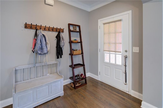 mudroom with dark wood-style floors, ornamental molding, and baseboards