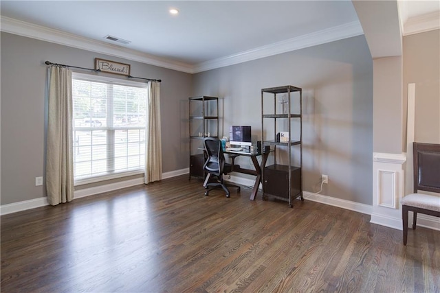 home office featuring wood finished floors, crown molding, baseboards, and recessed lighting