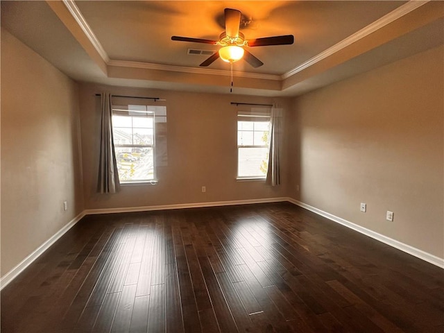 2778 Wild Laurel Ct, Norcross, GA 30071 - unfurnished room with a tray ceiling, a ceiling fan, dark wood-style floors, crown molding, and baseboards