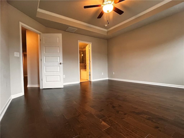 2778 Wild Laurel Ct, Norcross, GA 30071 - spare room featuring dark wood finished floors, a tray ceiling, ornamental molding, a ceiling fan, and baseboards