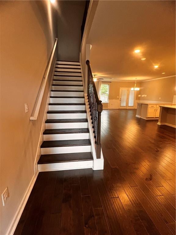2778 Wild Laurel Ct, Norcross, GA 30071 - stairs with hardwood / wood-style flooring, baseboards, ornamental molding, and recessed lighting