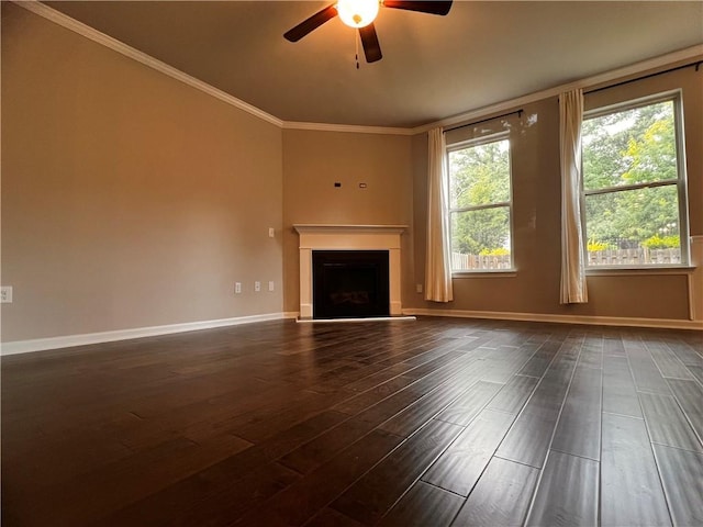 2778 Wild Laurel Ct, Norcross, GA 30071 - unfurnished living room with ceiling fan, a fireplace, dark wood-style flooring, ornamental molding, and baseboards