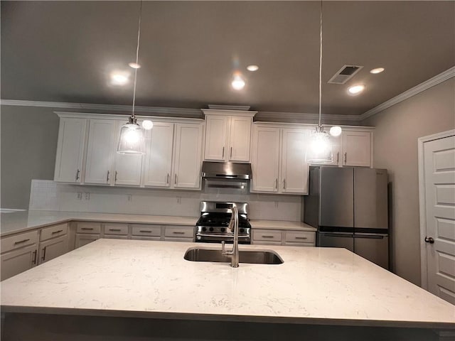 2778 Wild Laurel Ct, Norcross, GA 30071 - kitchen featuring stainless steel appliances, crown molding, backsplash, a sink, and light stone countertops