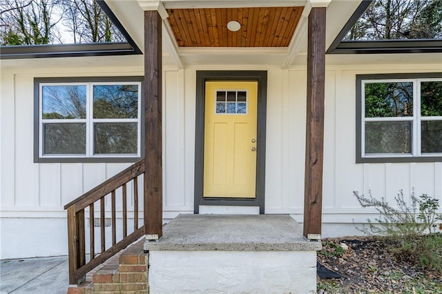 property entrance with board and batten siding