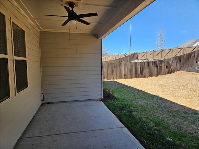 view of patio / terrace featuring ceiling fan and a fenced backyard