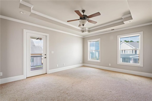 spare room with baseboards, a tray ceiling, and crown molding