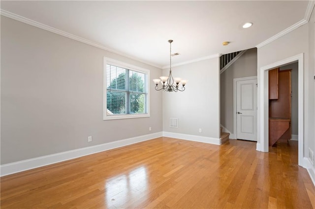 unfurnished dining area with baseboards, ornamental molding, an inviting chandelier, stairs, and light wood-type flooring