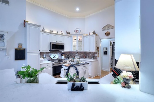 kitchen with appliances with stainless steel finishes, light hardwood / wood-style floors, sink, backsplash, and ornamental molding